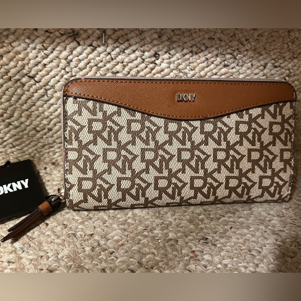 DKNY Dayna Brown and Beige Large Zip Around Wallet